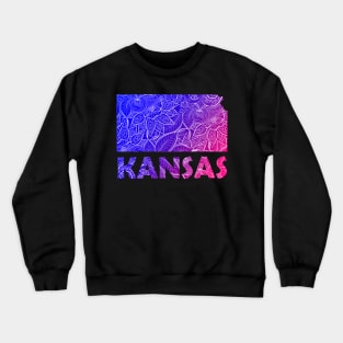 Colorful mandala art map of Kansas with text in blue and violet Crewneck Sweatshirt